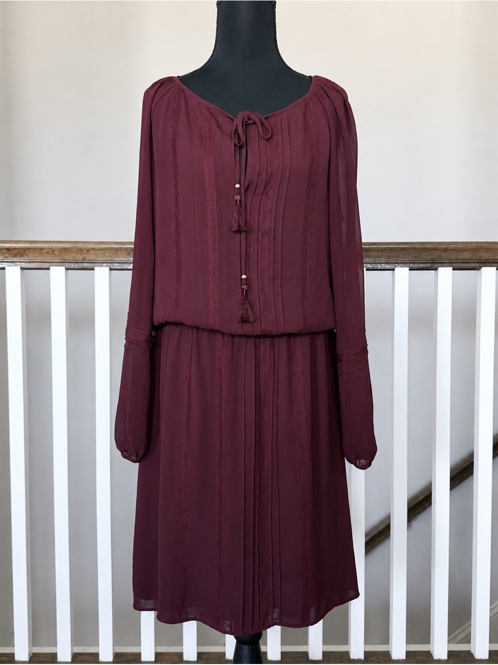 White House Black Market Plum Long-Sleeve Tie-Neck Chiffon Dress